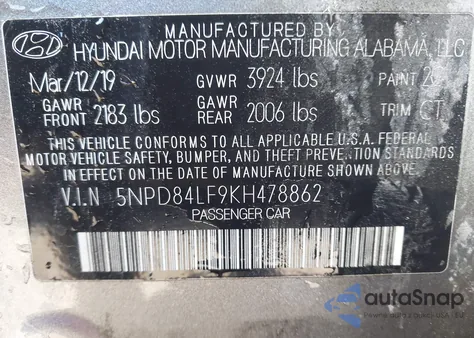 2019 Hyundai Elantra Sel z USA, uszkodzony, nr VIN 5NPD84LF9KH478862